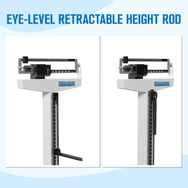 built-in eye-level height rod offers height measurements right where you need them. Displayed in both inches and centimeters, the height rod retracts when not in use, conserving space and reducing the chance of damage.