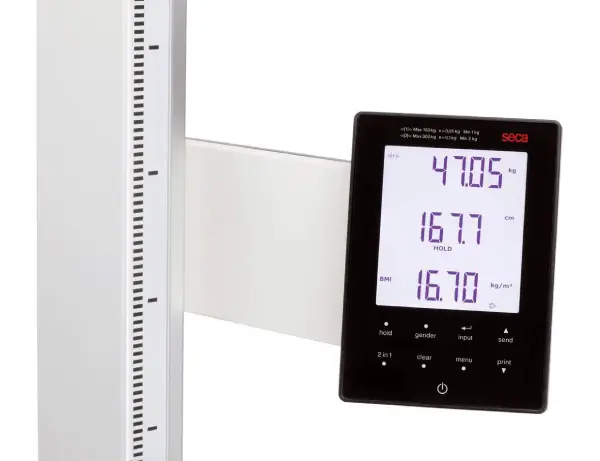 The seca 284 features a multi-line touchscreen display that shows weight, height, and BMI simultaneously